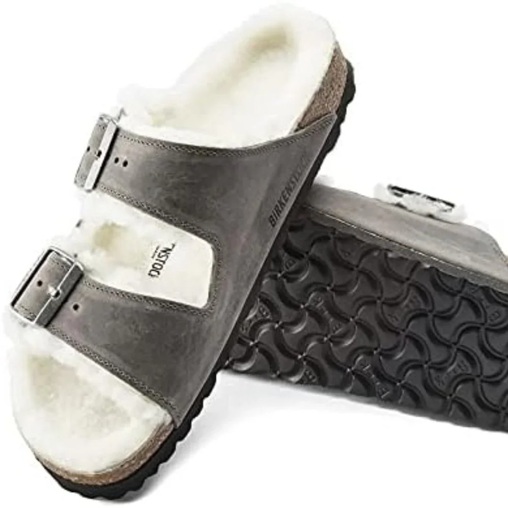 NWB! Birkenstock Men's Arizona Shearling Sandals, Iron/Natural, Grey, Tan,  8 US